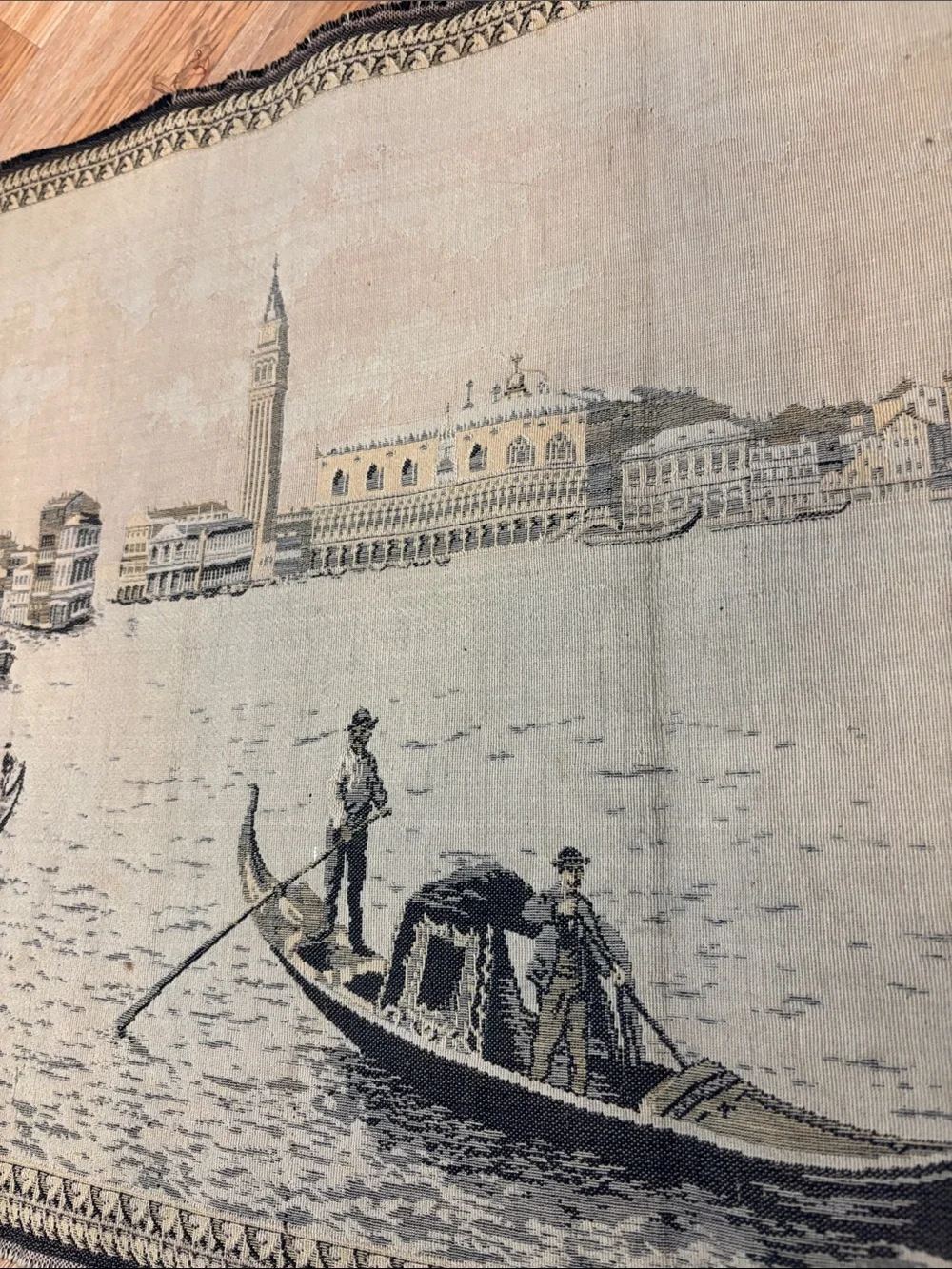 Vintage Venezia Beige and Black Venetian Gondola Wall Tapestry